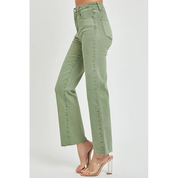 Risen Women High Rise Straight Olive Jeans Sz 29 Raw Hem Boho - Picture 1 of 10